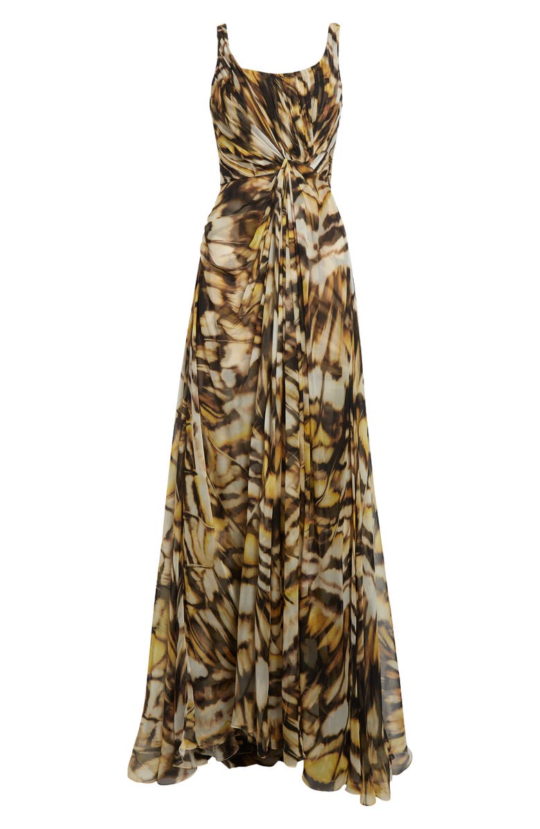 Oscar de la Renta Butterfly Print Draped Silk Chiffon Gown, Alternate, color, Black Multi