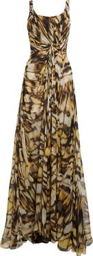 Oscar de la Renta Butterfly Print Draped Silk Chiffon Gown