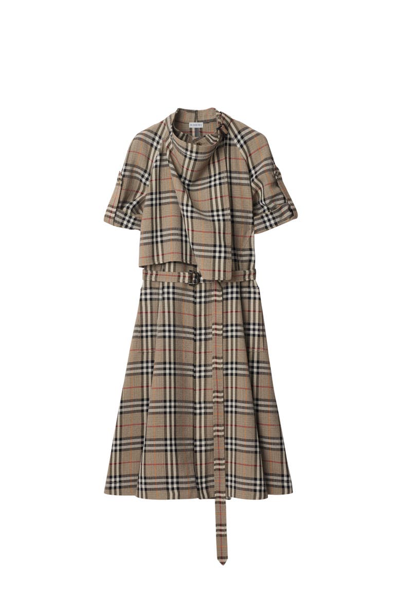 Burberry Check Silk Blend Trench Dress, Alternate, color, Limestone