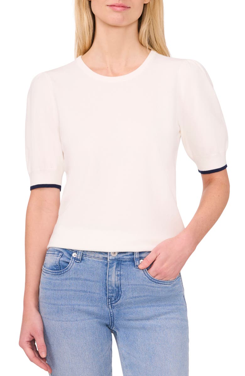 CeCe Contrast Edge Puff Sleeve Cotton Sweater, Main, color,