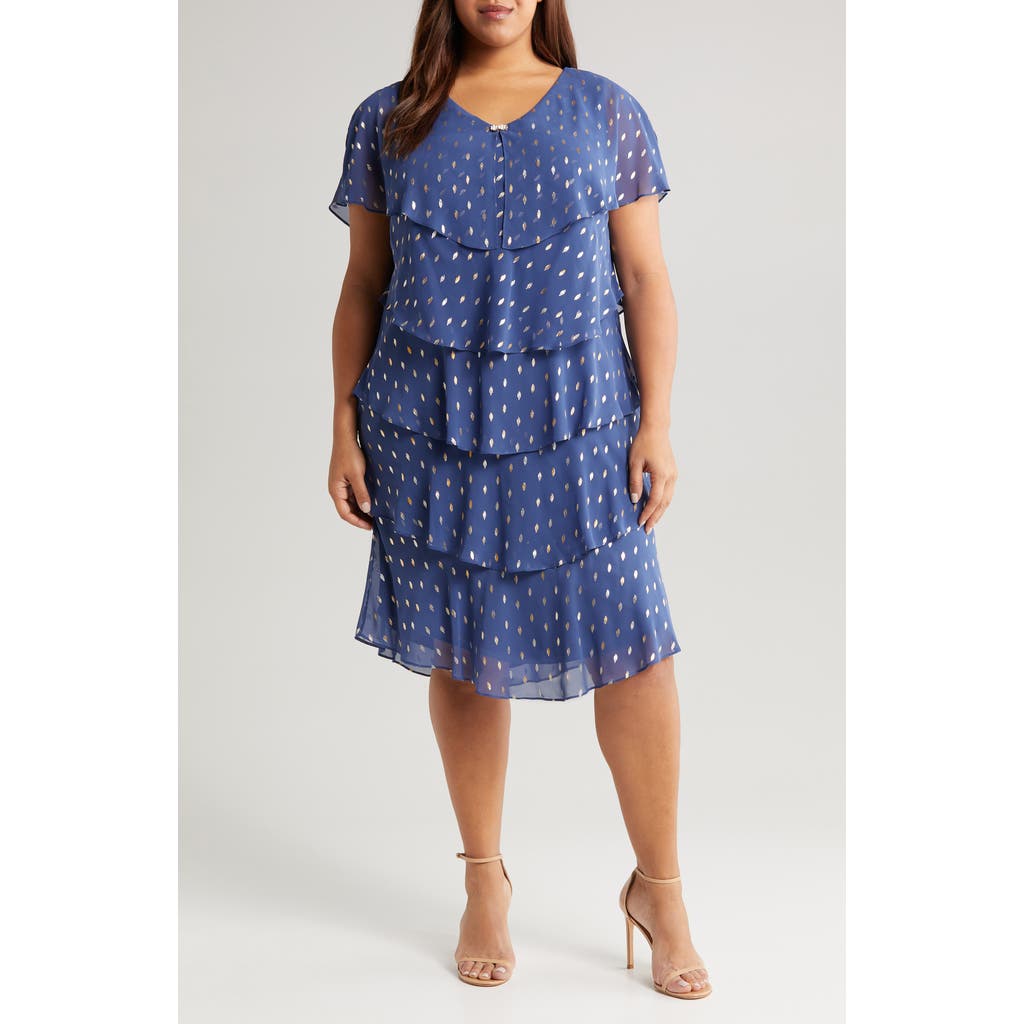 SLNY Foil Print Tiered Cocktail Dress in Wedgewood  product