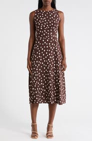 Connected Apparel Dot Side Pleat Sleeveless Midi Dress