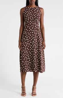 Connected Apparel Dot Side Pleat Sleeveless Midi Dress