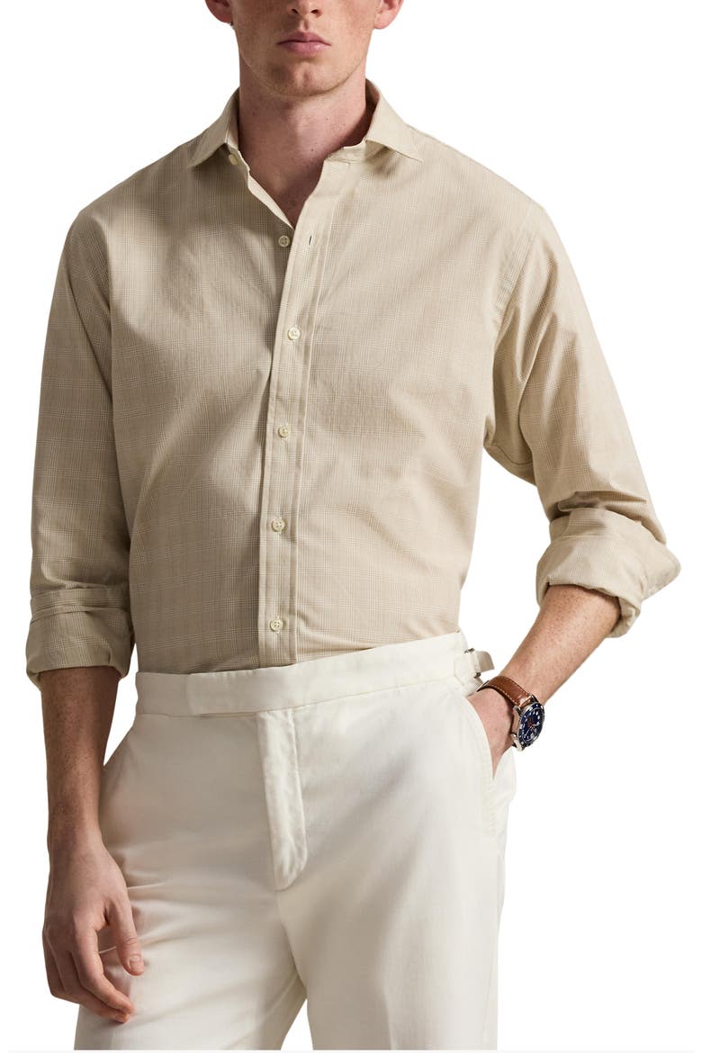 Classic Fit Glen Check Cotton Poplin Button-Up Shirt, Main, color, COASTAL BEIGE WHITE