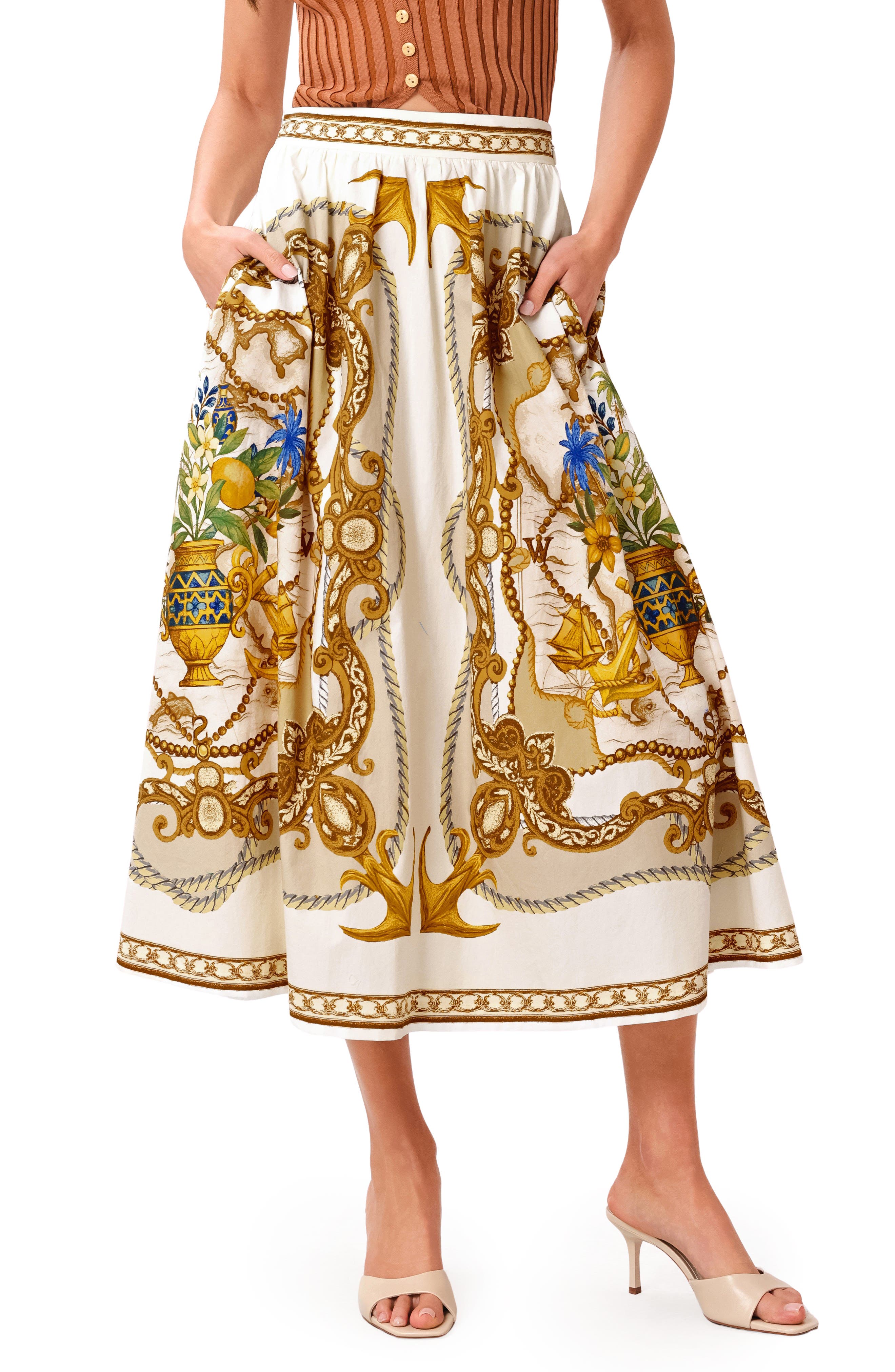Nautical Print Cotton Midi Skirt