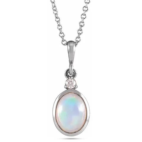 Oval Natural White Ethiopian Opal & Diamond Pendant Necklace 14K 1.57ct