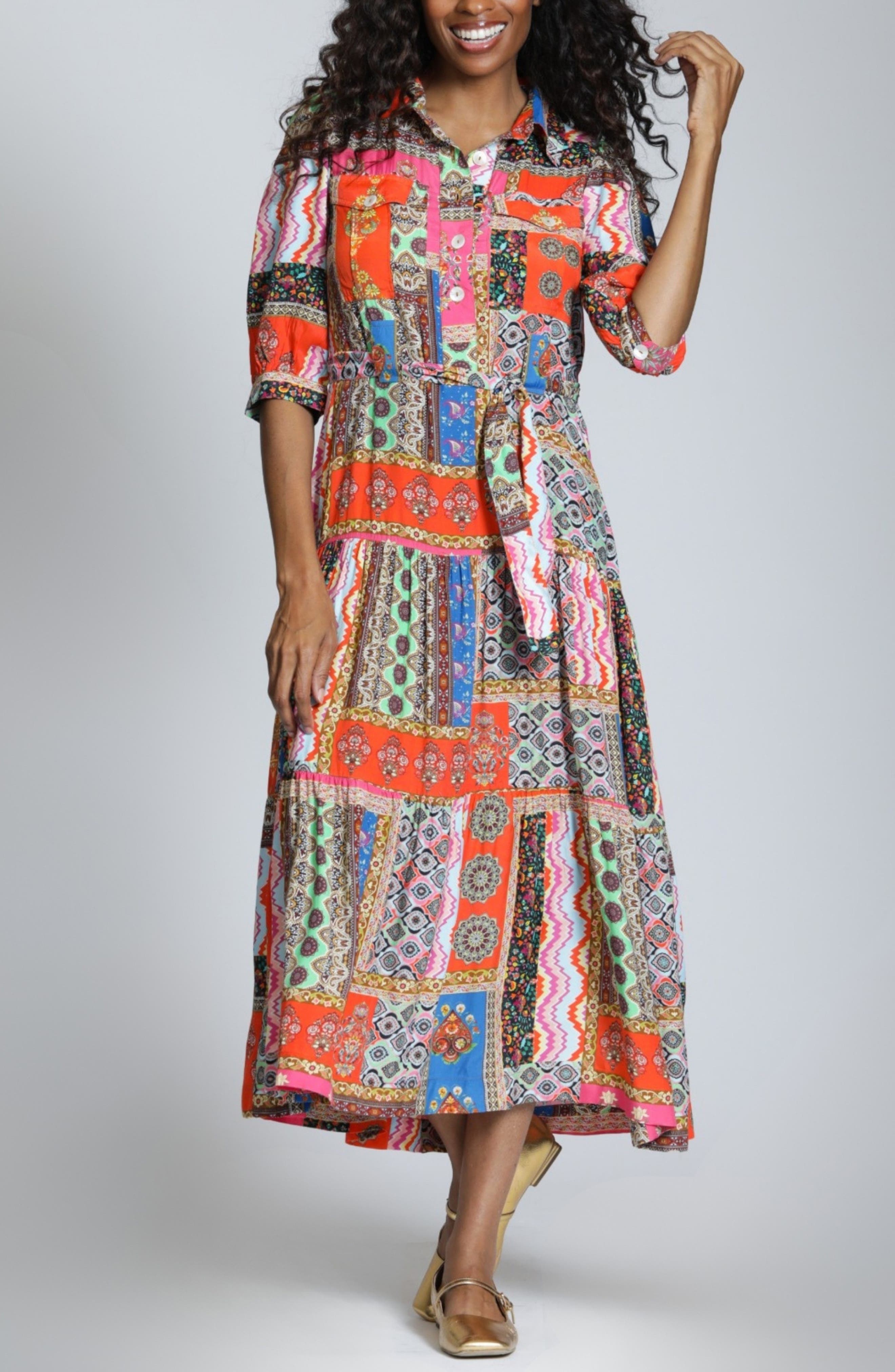 Patchwork Print Long Sleeve Shirtdress - image 3