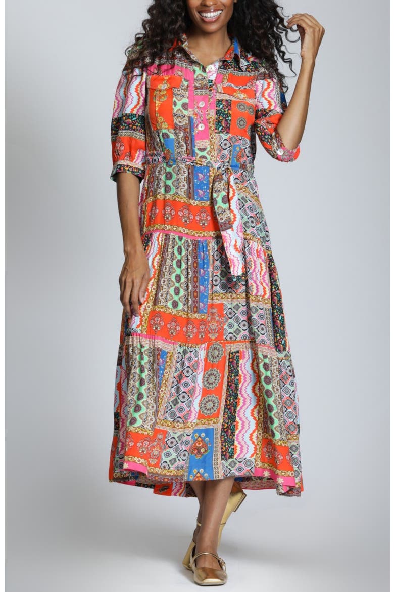 Patchwork Print Long Sleeve Shirtdress, Main, color, HOT CORAL MULTI