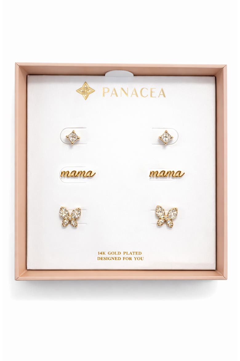 Set of 3 Cubic Zirconia Mama Butterfly Stud Earrings, Main, color, GOLD