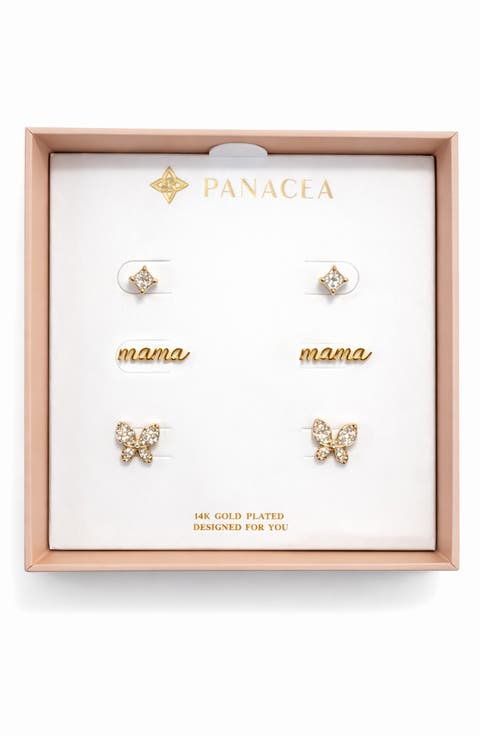 Set of 3 Cubic Zirconia Mama Butterfly Stud Earrings