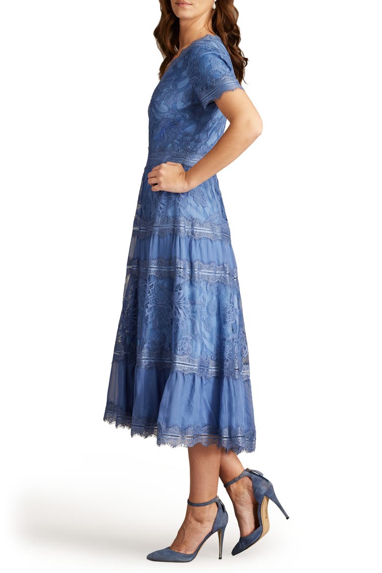 Lace & Mesh Midi Cocktail Dress, Alternate, color, BLUE STONE