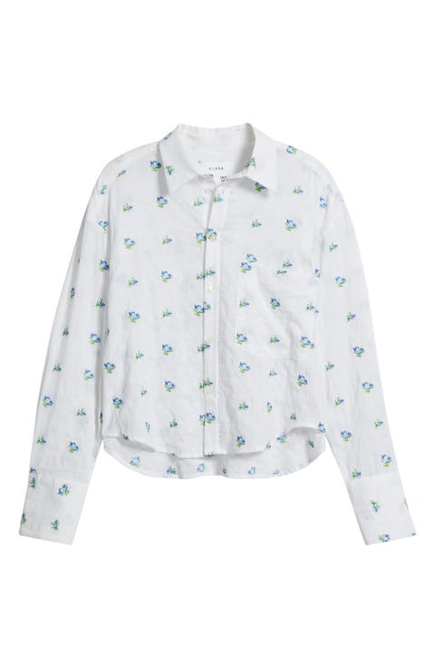 Flower Embroidered Eyelet Stripe Cotton Button-Up Shirt