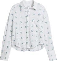 CISSA Flower Embroidered Eyelet Stripe Cotton Button-Up Shirt