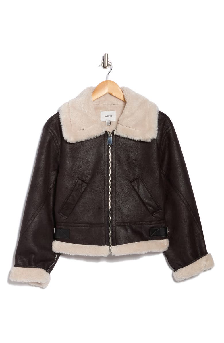 JASON WU Faux Shearling & Faux Leather Crop Jacket, Alternate, color, Washed Black/ Ivory