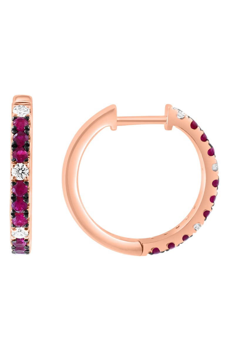 EFFY 14K Rose Gold Diamond & Ruby Huggie Hoop Earrings, Main, color, 