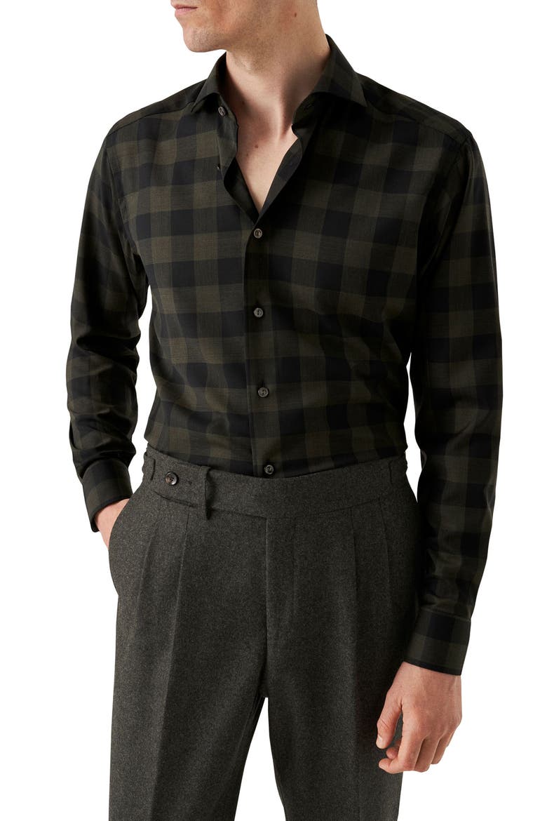 Slim Fit Plaid Wool Dress Shirt, Main, color, DARK GREEN