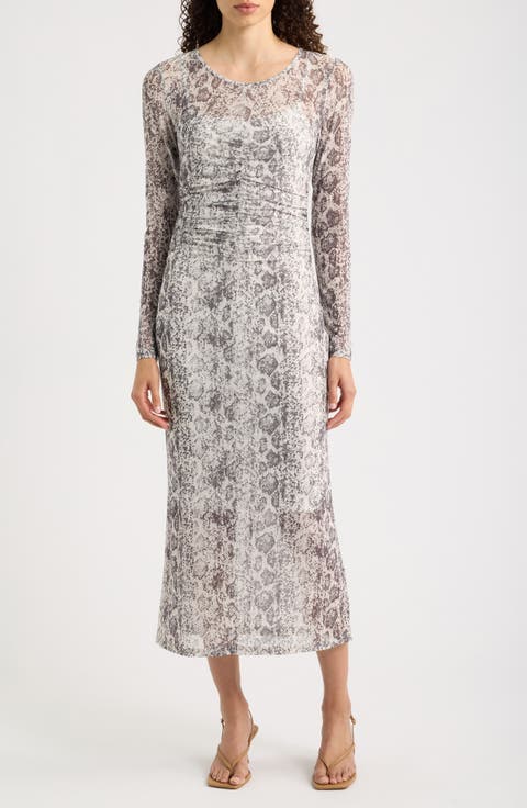 Snakeskin Print Long Sleeve Maxi Dress