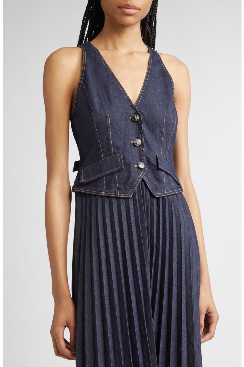 Esther Sleeveless Pleated Denim Midi Dress, Alternate, color, INDIGO