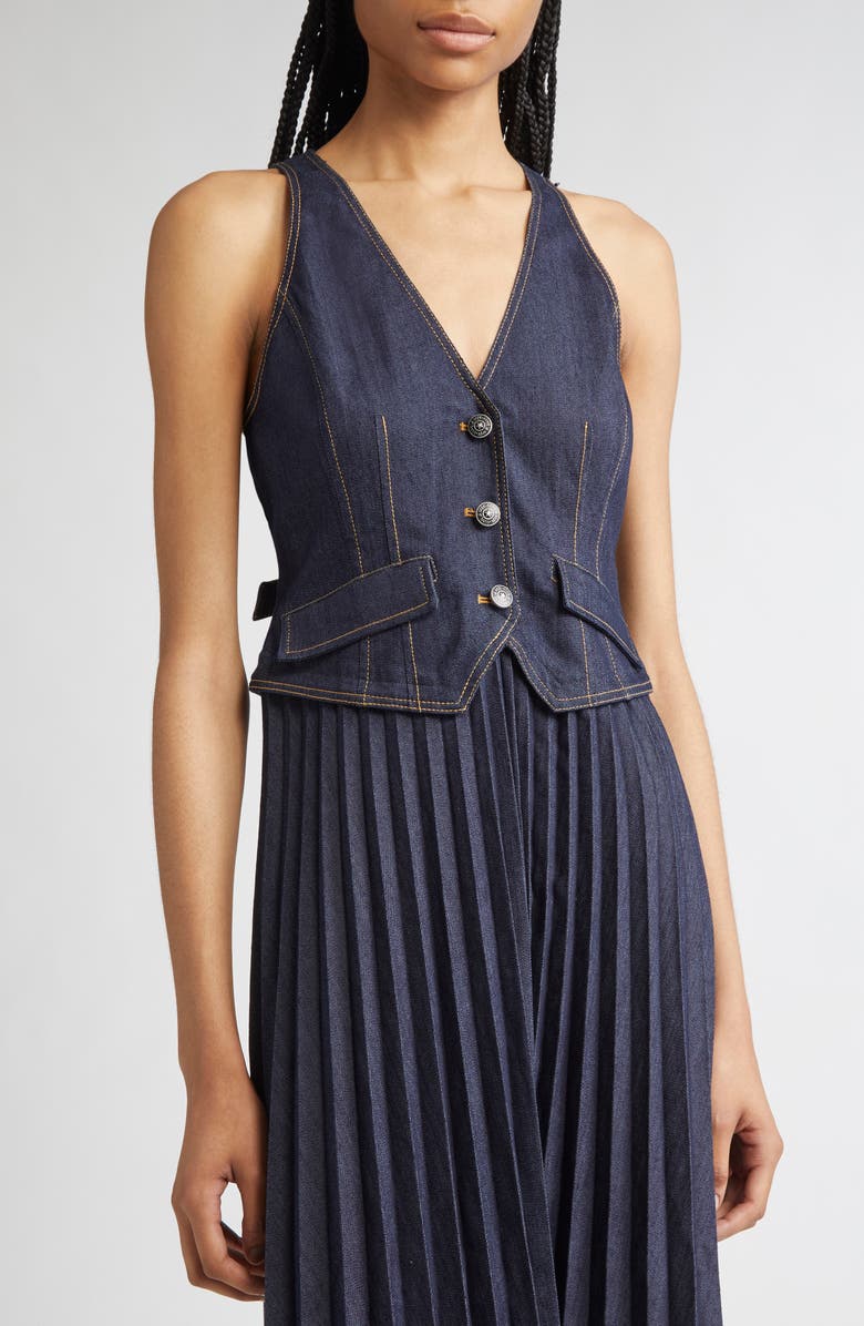Cinq à Sept Esther Sleeveless Pleated Denim Midi Dress, Alternate, color, Indigo