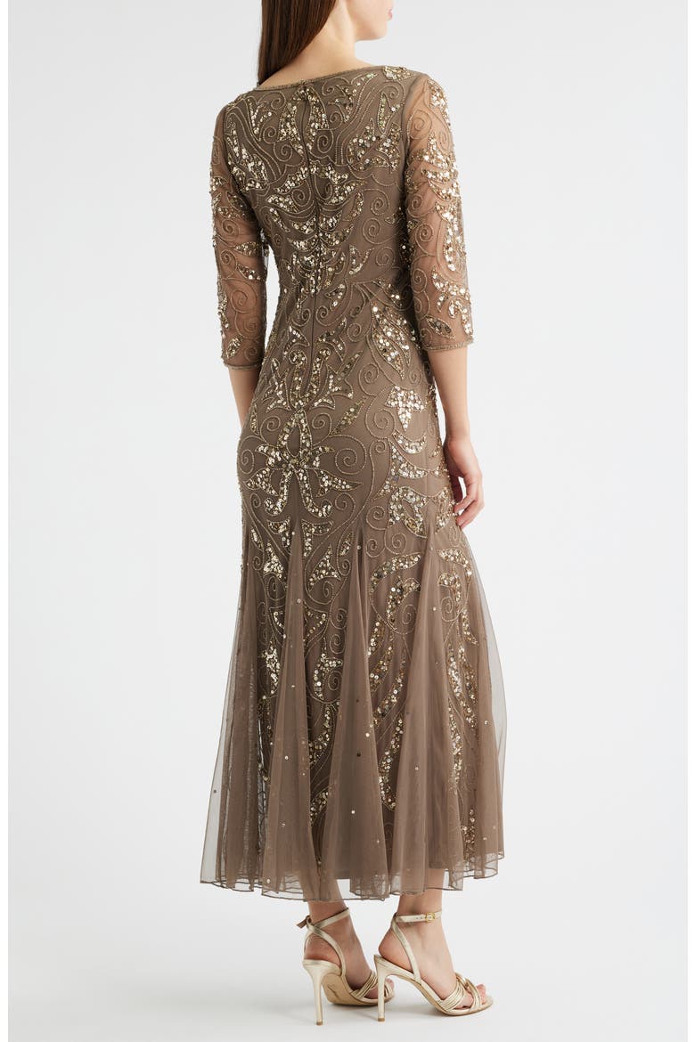 Illusion Sleeve Beaded A-Line Gown, Alternate, color, JBS MOCHA