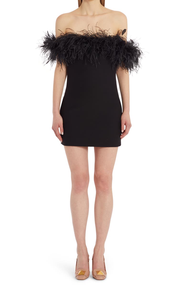 Valentino Garavani Feather Trim Off the Shoulder Crepe Minidress, Main, color, 