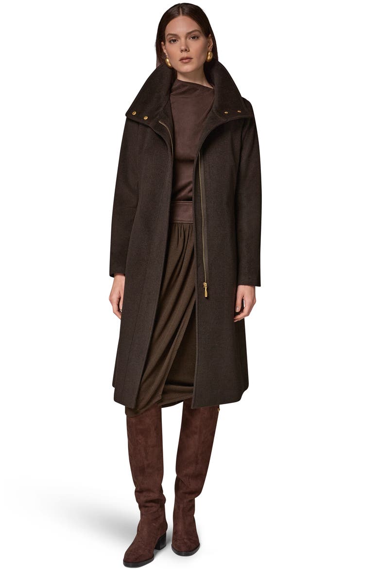 Belted Funnel Neck Wool Blend Coat, Alternate, color, CHOCOLATE