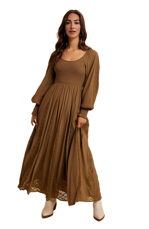 Long Sleeve Maxi Dress with Smocked Bodice and Lace Insets