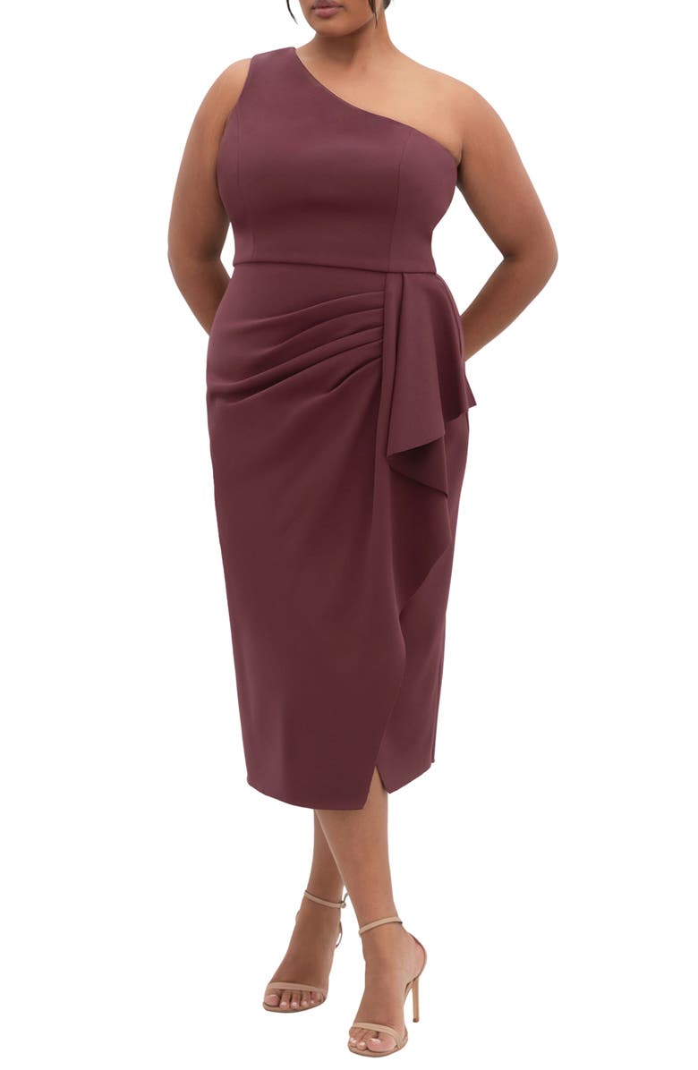 City Chic Priyanka Ruffle One-Shoulder Midi Dress, Main, color, Chocolate Cherry