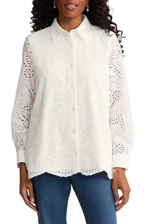 Cotton Eyelet Button-Up Shirt