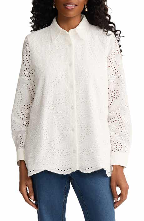 Cotton Eyelet Button-Up Shirt