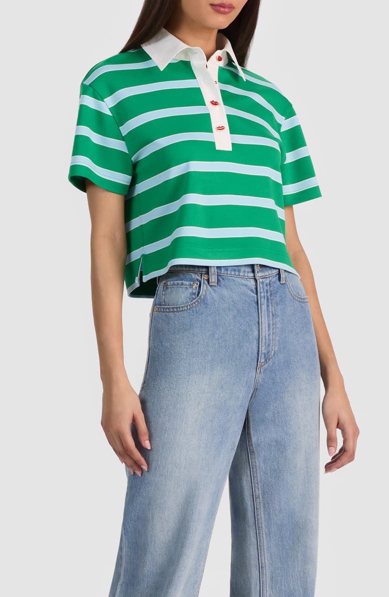 Alice + Olivia Lyle Short Sleeve Rugby Stripe Polo, Alternate, color, Green Apple/ Cloud Sky