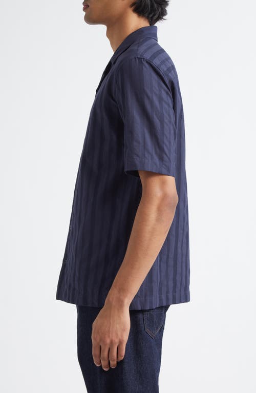 Sunspel Embroidered Stripe Short Sleeve Camp Shirt In Navy