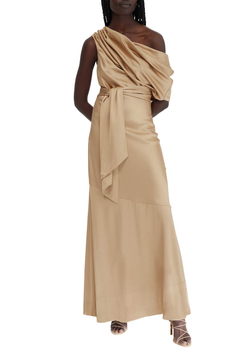 Erika One-Shoulder Satin A-Line Dress, Main, color, TAN
