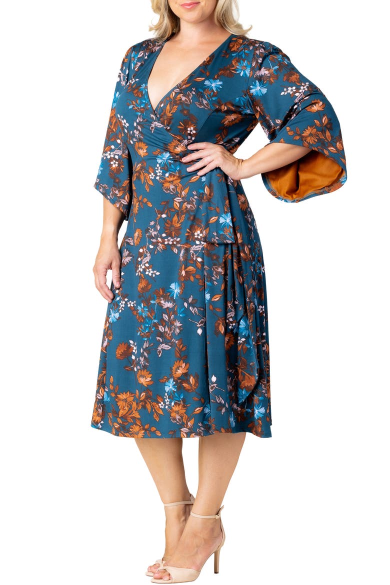 Gemini Floral Bell Sleeve Wrap Dress, Alternate, color, TEAL BLUE ASTERS