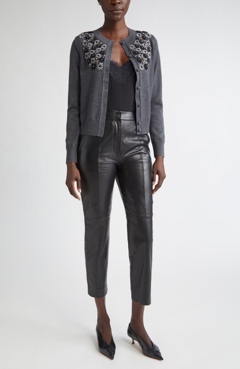 ST. JOHN Floral Embellished Wool & Silk Cardigan, Alternate, color, Medium Grey Melange