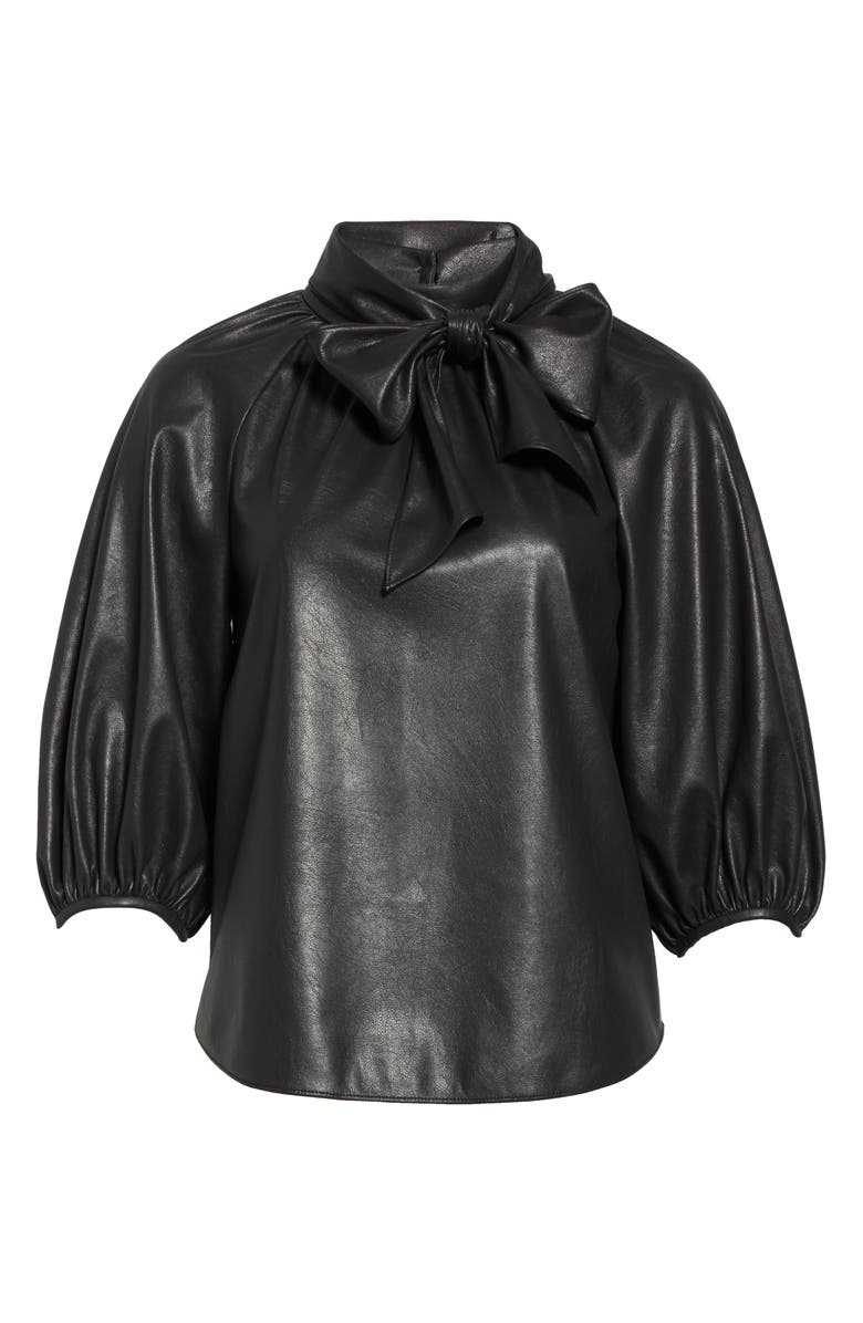 Rebecca Taylor Tie Neck Faux Leather Top, Alternate, color,