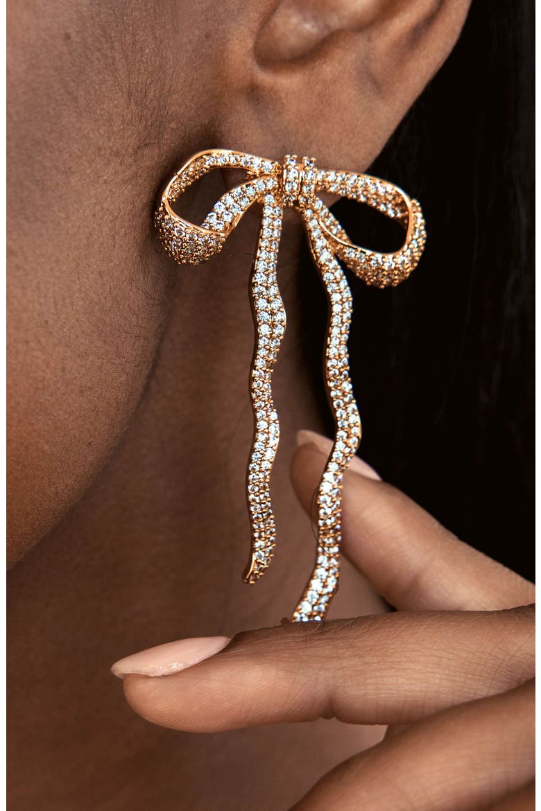 Pavé Cubic Zirconia Bow Drop Earrings, Alternate, color, GOLD