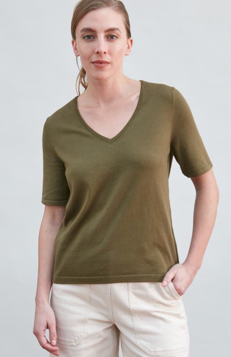 Fleur Cotton V-Neck Knitted T-Shirt