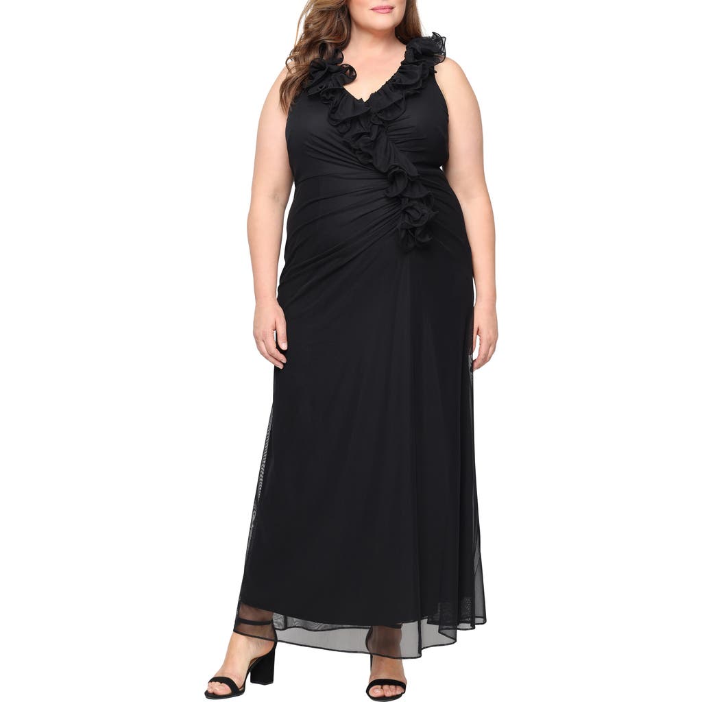 Alex Evenings Ruffle Maxi Cocktail Dress In Black