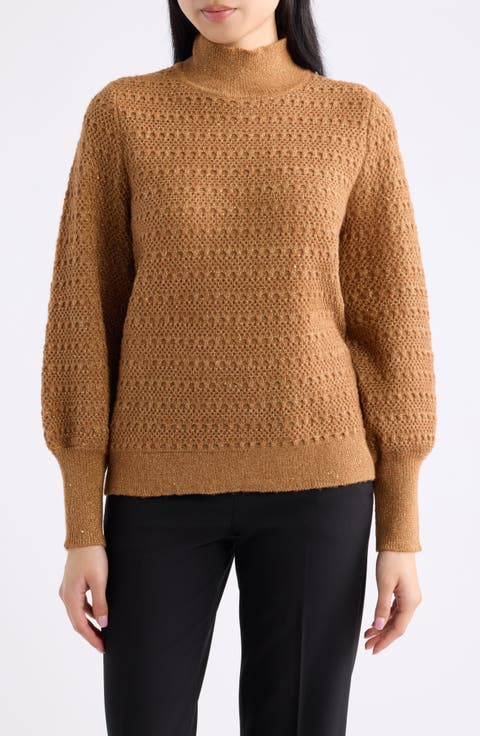 Sequin Puff Sleeve Mock Neck Sweater