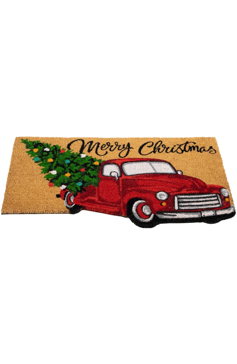 Northlight Red and Green Vintage Truck "Merry Christmas" Outdoor Natural Coir Doormat 18" x 30", Alternate, color, Red