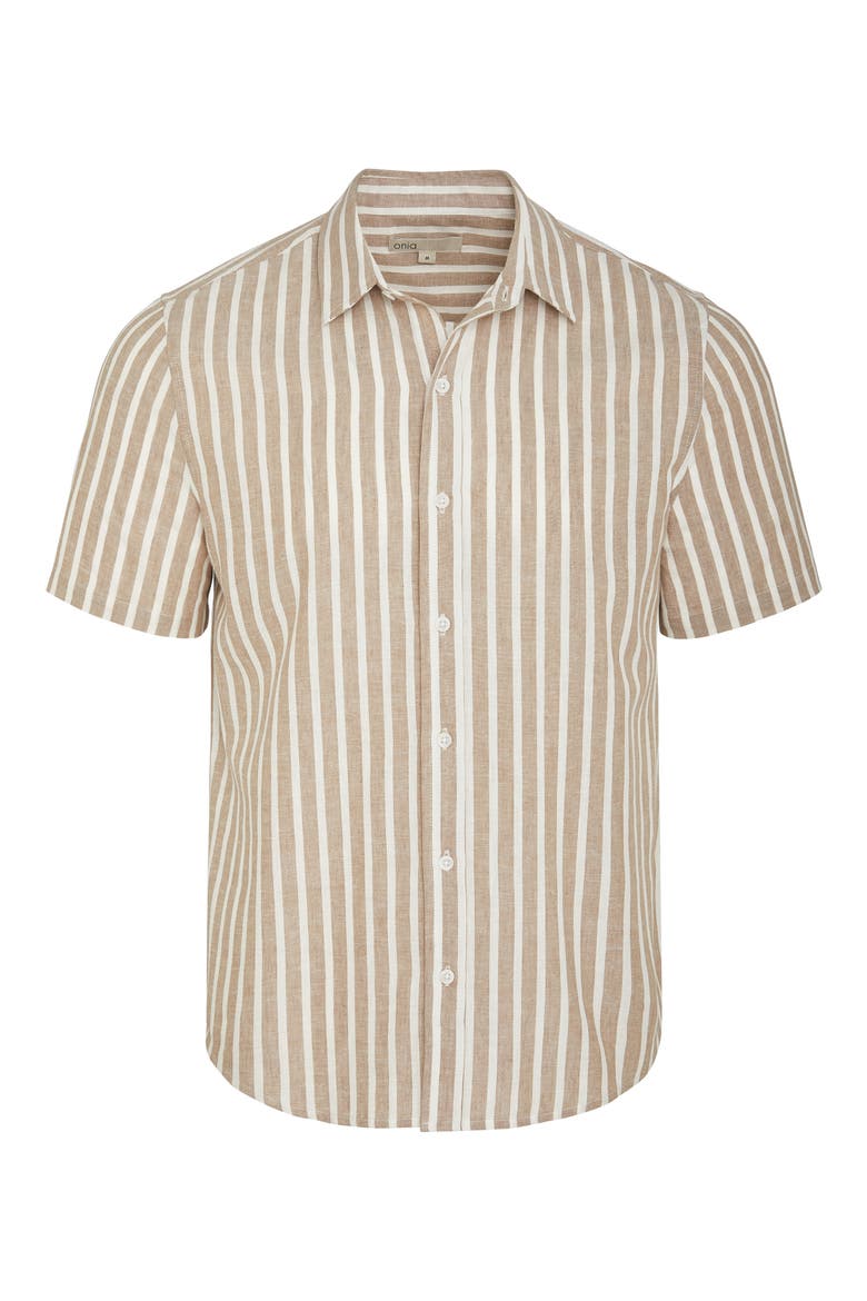 Stripe Short Sleeve Linen & Cotton Blend Button-Up Shirt, Alternate, color, TAN