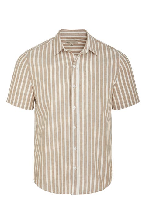 Stripe Short Sleeve Linen & Cotton Blend Button-Up Shirt