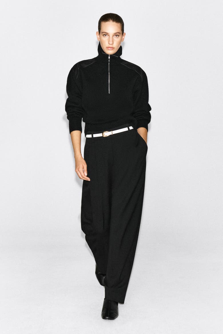 Leather-Patch Merino Wool Zip-Up Sweater, Alternate, color, BLACK