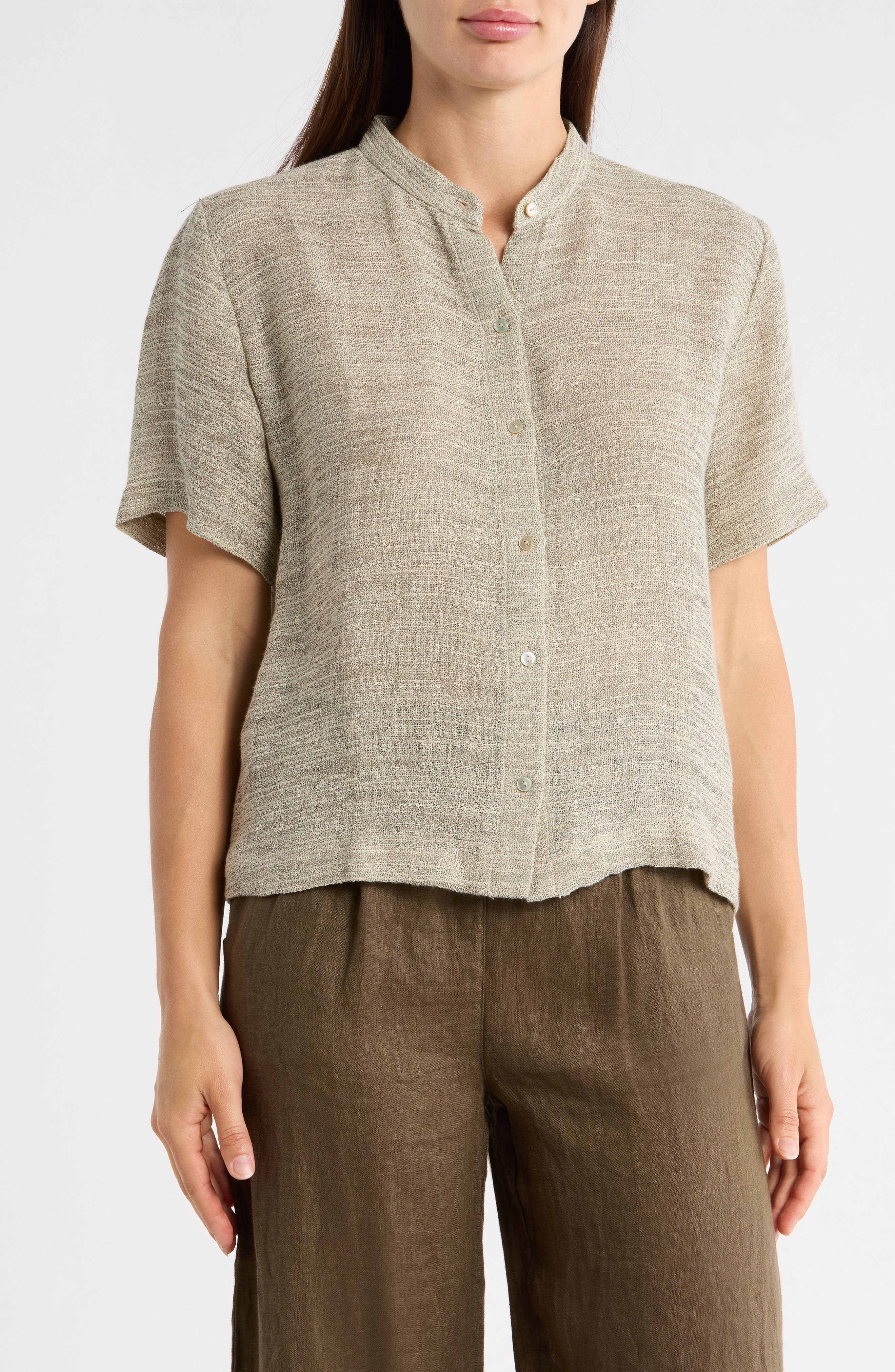 Eileen Fisher Short Sleeve Organic Linen Blend Button-Up Shirt