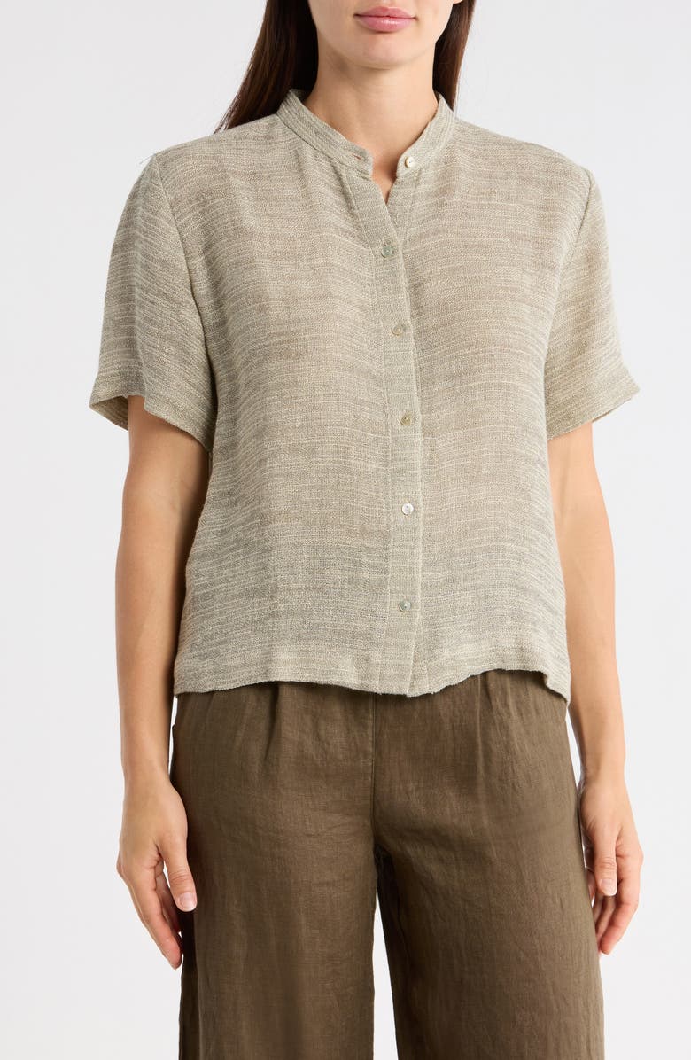Eileen Fisher Short Sleeve Organic Linen Blend Button-Up Shirt, Main, color, Natural/ White