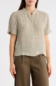 Eileen Fisher Short Sleeve Organic Linen Blend Button-Up Shirt