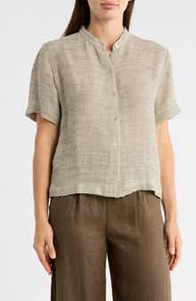 Eileen Fisher Short Sleeve Organic Linen Blend Button-Up Shirt