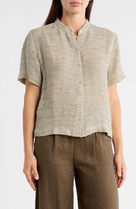Eileen Fisher Short Sleeve Organic Linen Blend Button-Up Shirt