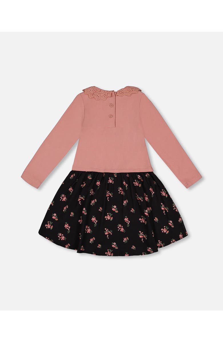 Deux par Deux Little Girl's Bi-Material Dress With Eyelet Collar Light Pink Printed Flowers, Alternate, color, 